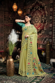 Daisy Green Muslin Cotton Jamdani Saree With Contrast Blouse